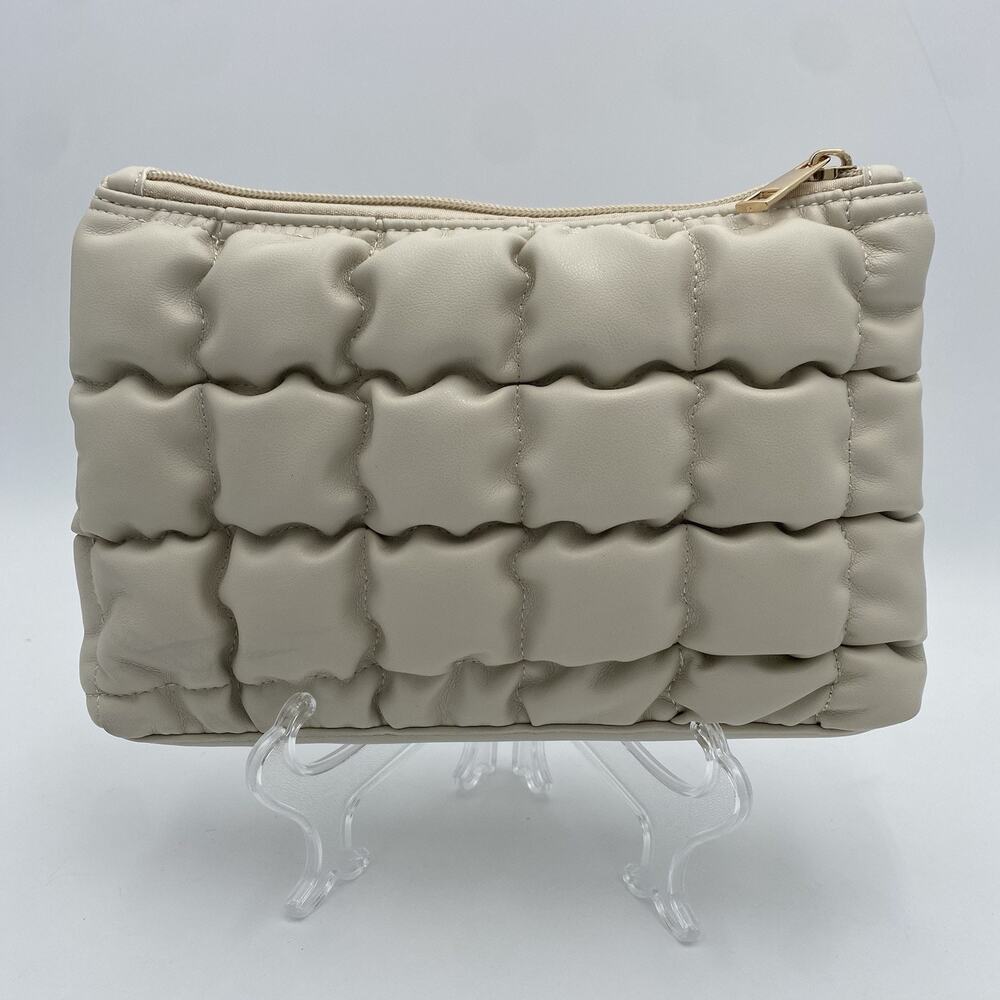 Puffy Quilted Clutch Cream Pale Taupe Vegan Leather Purse Chocolate Bar Bag